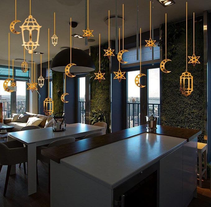 فرع زينة رمضان أشكال فوانيس وهلال ونجوم 11 قطعة باللون الجولد بلزق دبل فيس قوي