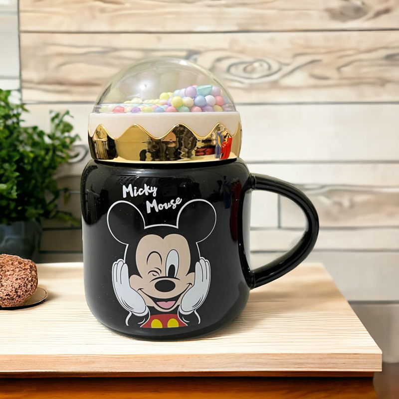 مج ميكي ماوس 370 ملي بغطاء محكم الغلق بكرات ويد للمشروبات الباردة والساخنة من البورسلين