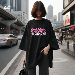 Believe Yourself تيشيرت اوفر سايز قطن باللون الاسود للنساء