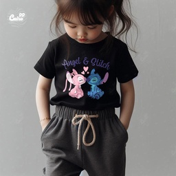 Angel &amp; Stitch تيشيرت اطفال قطن باللون الاسود