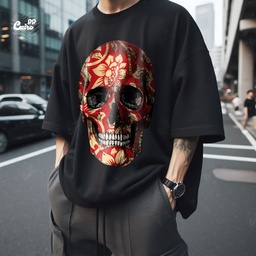 Rose Tattoo Skull تيشيرت اوفر سايز قطن باللون الاسود للرجال