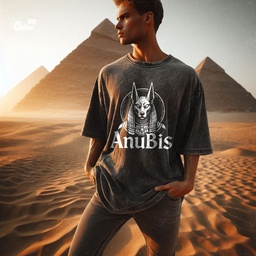 Ancient Egyptian God Anubis  تيشيرت اوفر سايز قطن باللون الرمادي للرجال