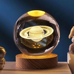 [HH00019363] بلورة كريستال ثلاثية الابعاد بتصميم كوكب زحل  بقاعدة خشبية قابلة للفصل