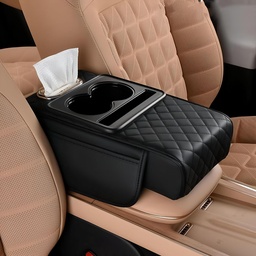 [HH00019935] مسند سيارة جلد مبطن مع حامل أكواب مزدوج مع جزء مخصص للمناديل ومنظم جانبي