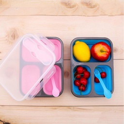 لانش بوكس سيليكون يدخل ميكرويف بغطاء محكم الغلق 3 اقسام مزود بمعلقة