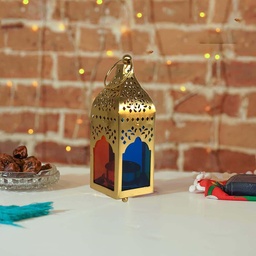 [HH00002922] فانوس رمضان شمعة ذهبي مزخرف بزجاج ملون