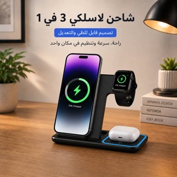 [HH00036102] شاحن وايرليس 3 * 1 قابل للطي للموبايل والايربودز والسمارت واتش مع إضاءة ليلية