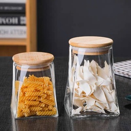 [HH00005900] طقم برطمانات زجاج قطعتين لحفظ وتنظيم الشاي والسكر والقهوة مقاسات مختلفه غطاء خشب محكم الغلق