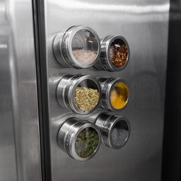 [HH00006146] طقم توابل مغناطيسي 4 قطع استانليس ستيل بحامل ونظامين رش وغطاء شفاف لسهولة رؤية المحتويات