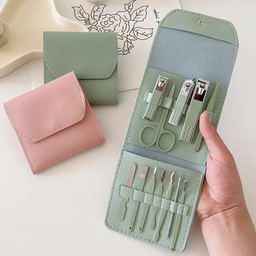 [HH00007894] طقم باديكير 12 قطعة للعناية بأظافر اليد والقدم بكفر جلد لسهولة الحمل وقت السفر والخروج