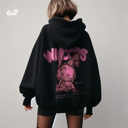 Woops هودي اوفر سايز قطن  باللون الأسود