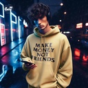 Make Money Not Friends هودي اوفر سايز قطن باللون البيج  