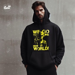 We Go To The New World هودي اوفر سايز قطن باللون الأسود