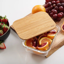 [HH00009966] علبة ثلاجة زجاج لحفظ وتنظيم الطعام بغطاء خشبي محكم الغلق