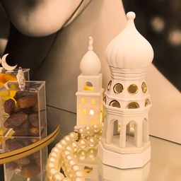 [HH00010357] فانوس مرحب مرحب يا هلال مضئ شكل مئذنة من الجبس