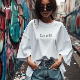 Cairo99تيشيرت اوفر سايز قطن باللون الابيض للنساء