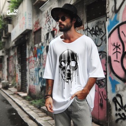 Evil Skull تيشيرت اوفر سايز قطن باللون الابيض للرجال