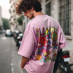 Funky Faces تيشيرت اوفر سايز قطن باللون  البينك للرجال