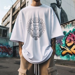 Pharao Bastet تيشيرت اوفر سايز قطن باللون الابيض للرجال