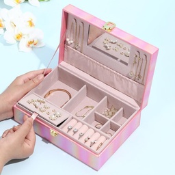 [HH00014062] صندوق جلد بمرآة لتنظيم الإكسسوارات والمجوهرات بغطاء محكم الغلق