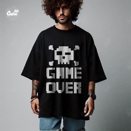 Game Over تيشيرت اوفر سايز قطن باللون الاسود للرجال