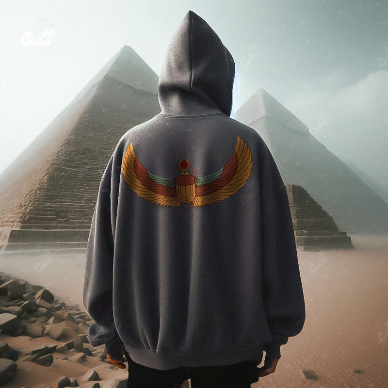 Pharaonic Scarab هودي اوفر سايز قطن باللون الرمادي